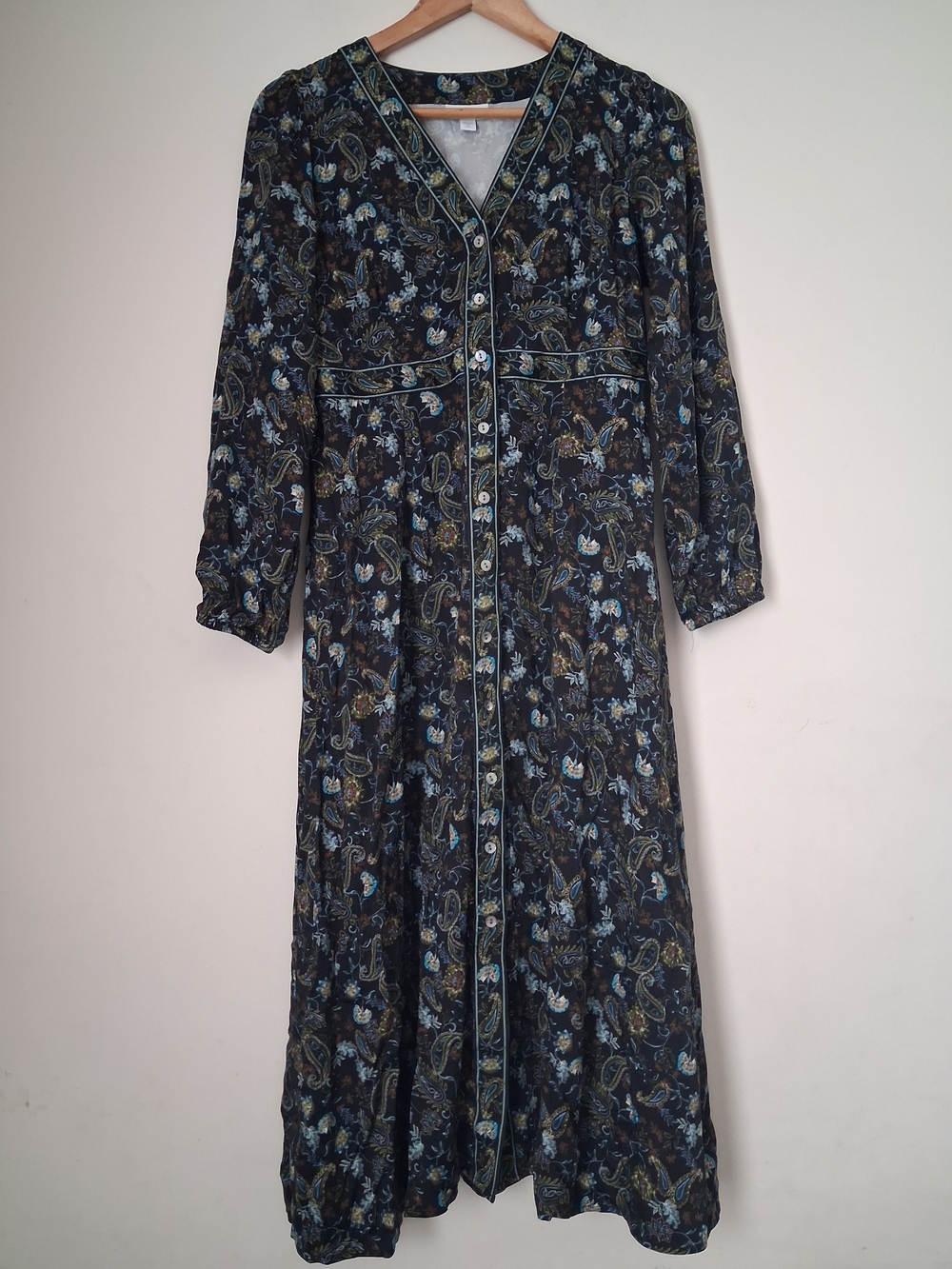 J Jill V-Neck Button Front Maxi Dress Paisley Print Black Blue XS Lenzing Visco